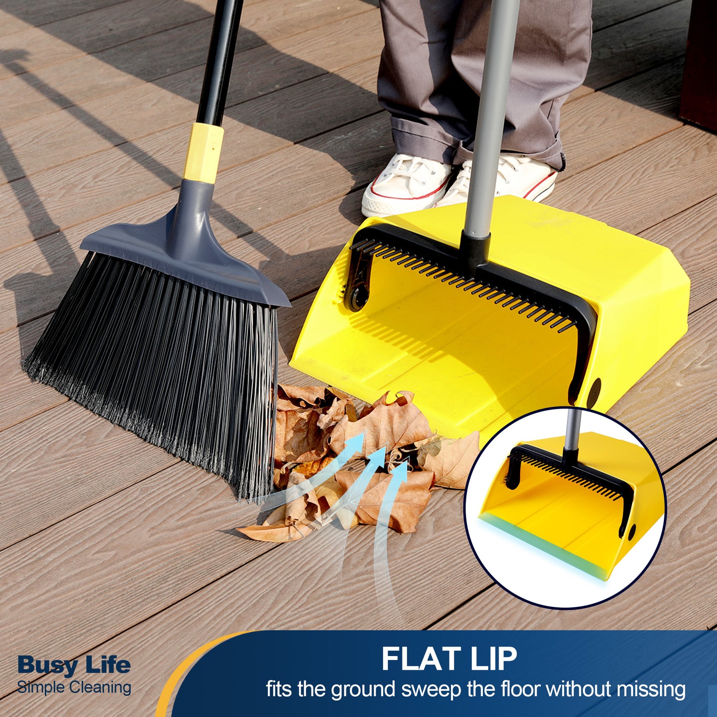 Yocada Brooms Dustpan 2+1 Set - Built-in Comb Long Handle,Wide 3-Layer Stiff Bristles Heavy-Duty for Indoor Outdoor Home Commercial Pet Hair Debris