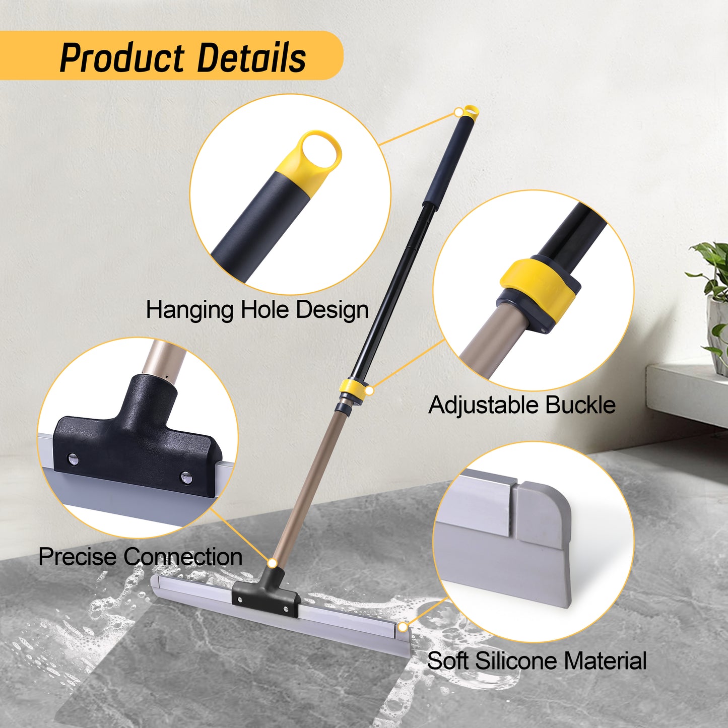 Yocada Floor Squeegee Scrubber with 55" Telescopic Iron Pole Soft Rubber for Tile Floor Window Glass