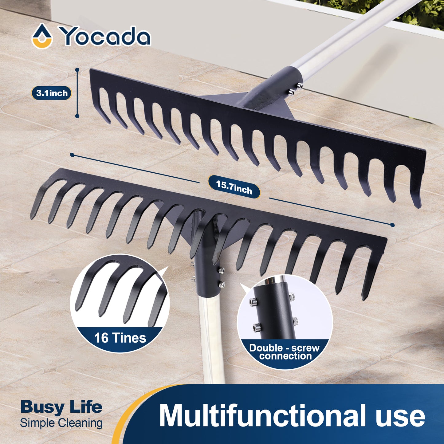 Yocada Thatch Rake 15.7" 16 Curved Tines 62" Adjustable Heavy Duty Stainless Steel Tool with Non-Slip Grip for Lawn Care
