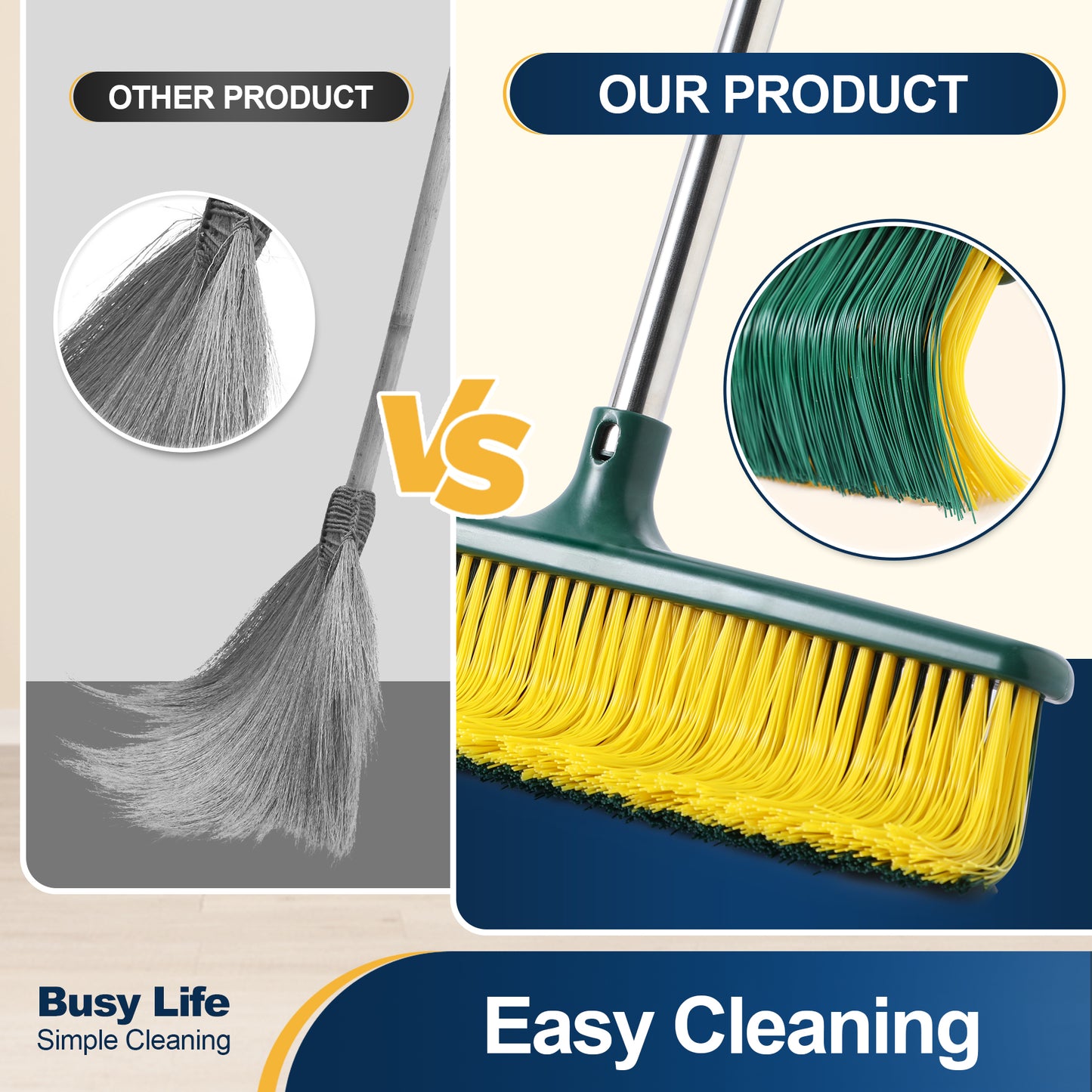 Yocada Heavy Duty Commercial Outdoor Push Broom with Curved Bristles, Adjustable Handle,Courtyard Garage Lobby Mall Market Floor,58.7in,Yellow