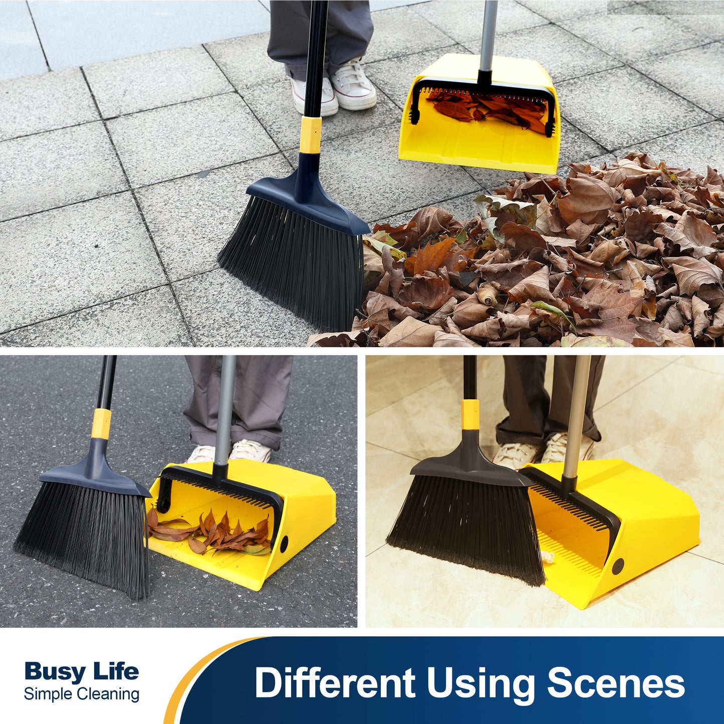 Yocada Brooms Dustpan 2+1 Set - Built-in Comb Long Handle,Wide 3-Layer Stiff Bristles Heavy-Duty for Indoor Outdoor Home Commercial Pet Hair Debris