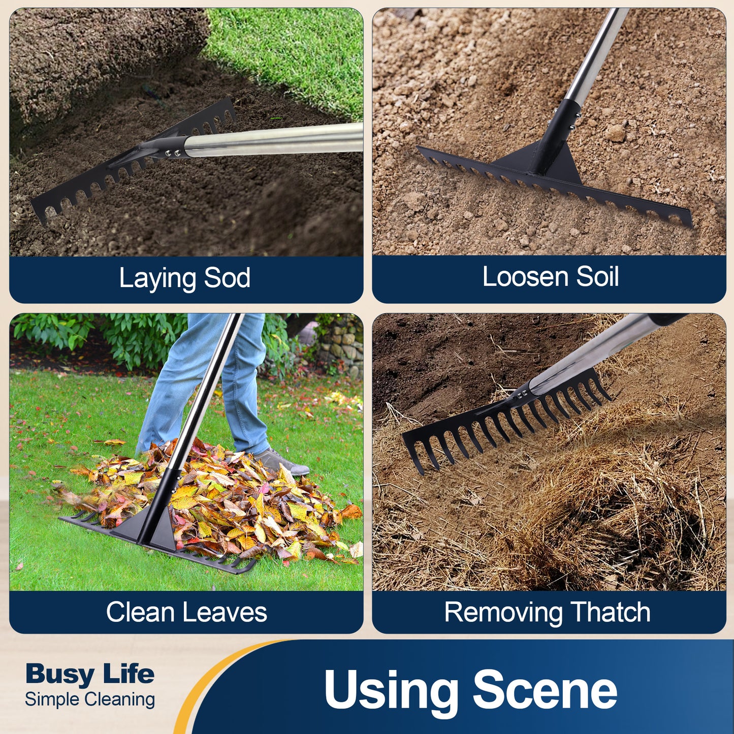 Yocada Thatch Rake 15.7" 16 Curved Tines 62" Adjustable Heavy Duty Stainless Steel Tool with Non-Slip Grip for Lawn Care