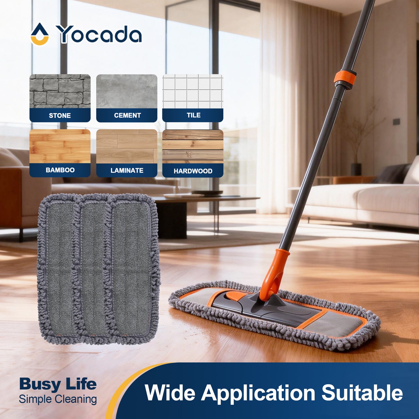 Yocada 3 Pack Twisted Microfiber Mop Replacement Pads, Thickened Sponge Dry-Wet Dual-Use Pads
