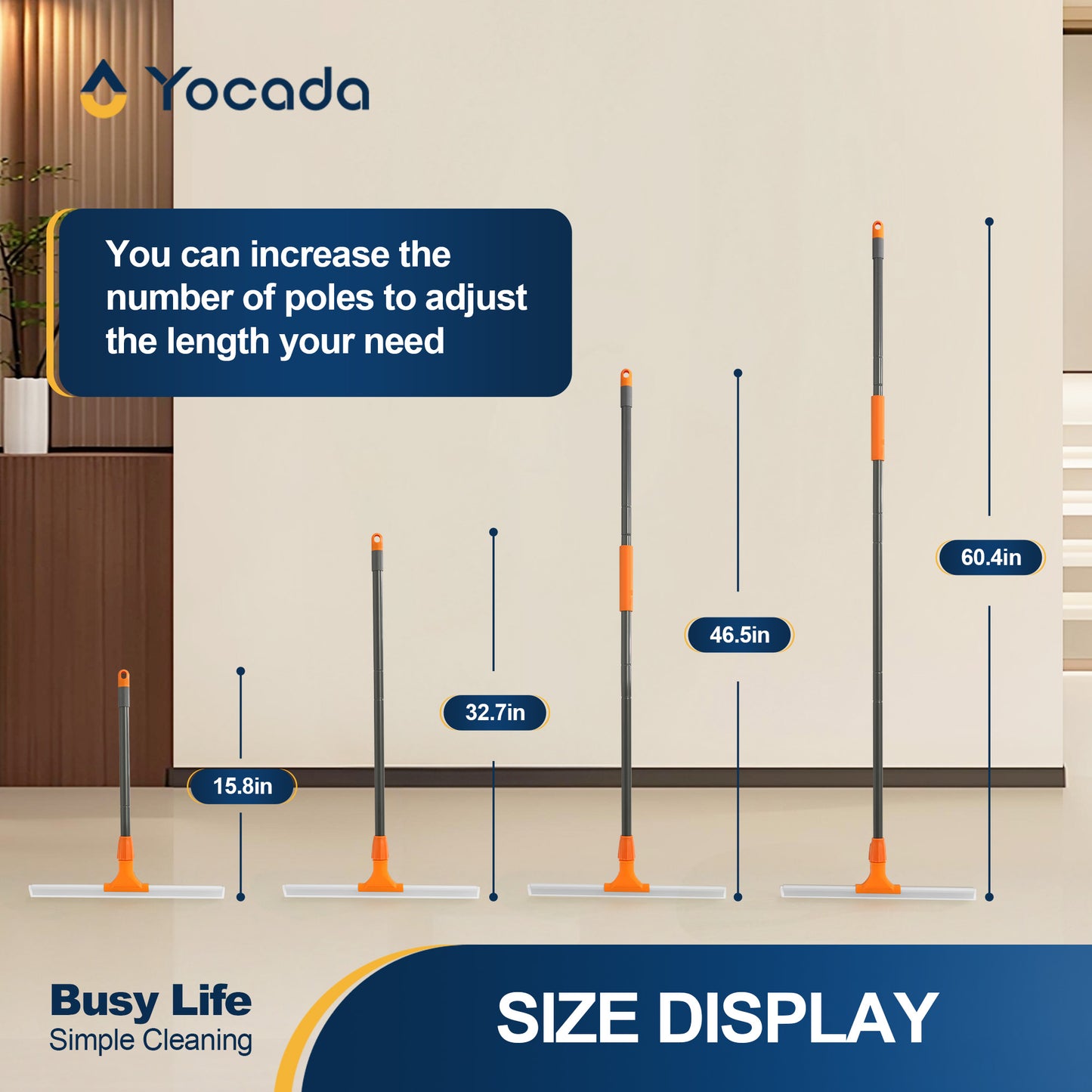 Yocada Adjustable Silicone Squeegee, 60.4" Extendable Handle, Streak-Free Floor/Window Cleaning Tool for Home,Car