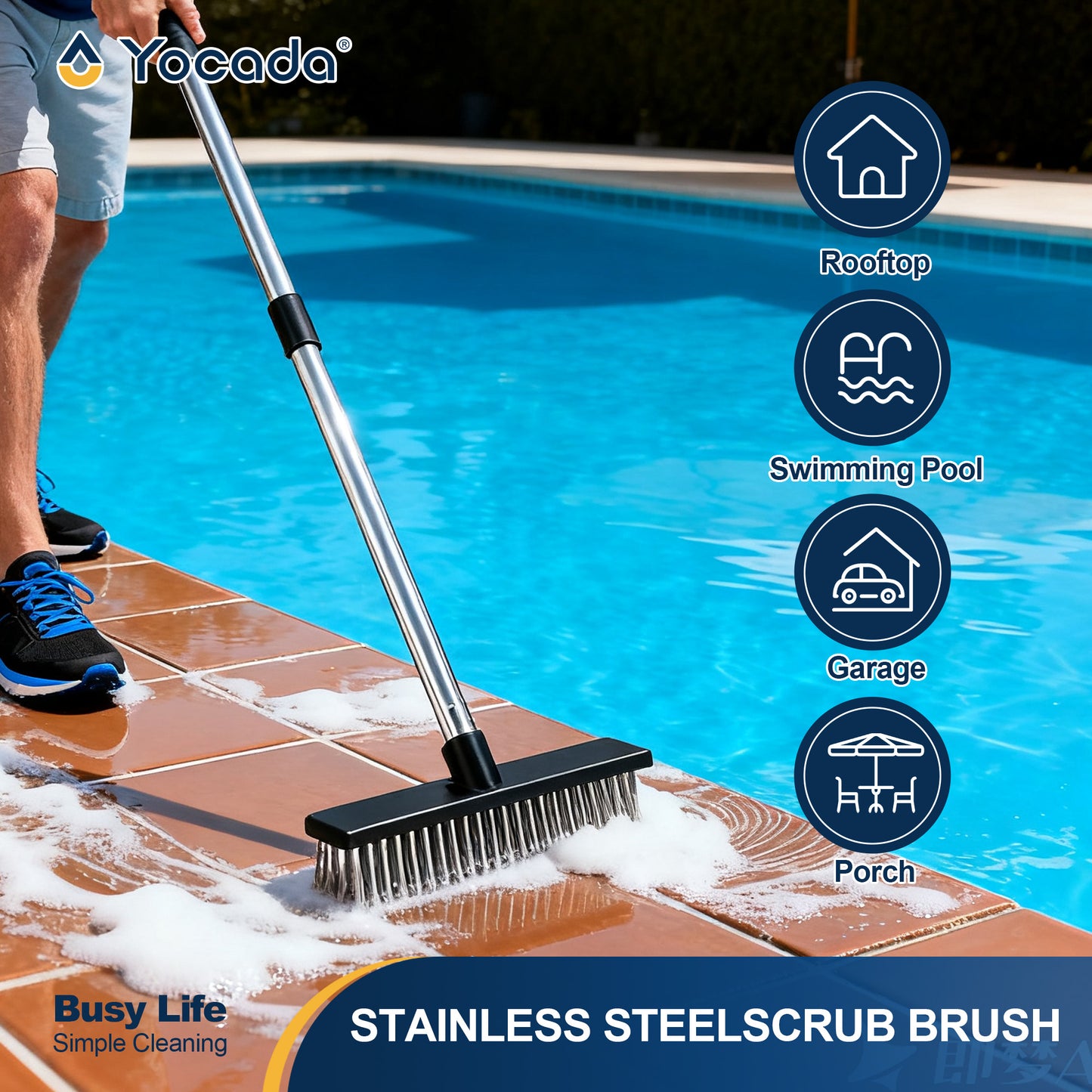 Yocada Heavy-Duty Wire Scrub Broom - Telescopic Handle Up to 65.2 Inches, Stiff Metal Bristles for Outdoor
