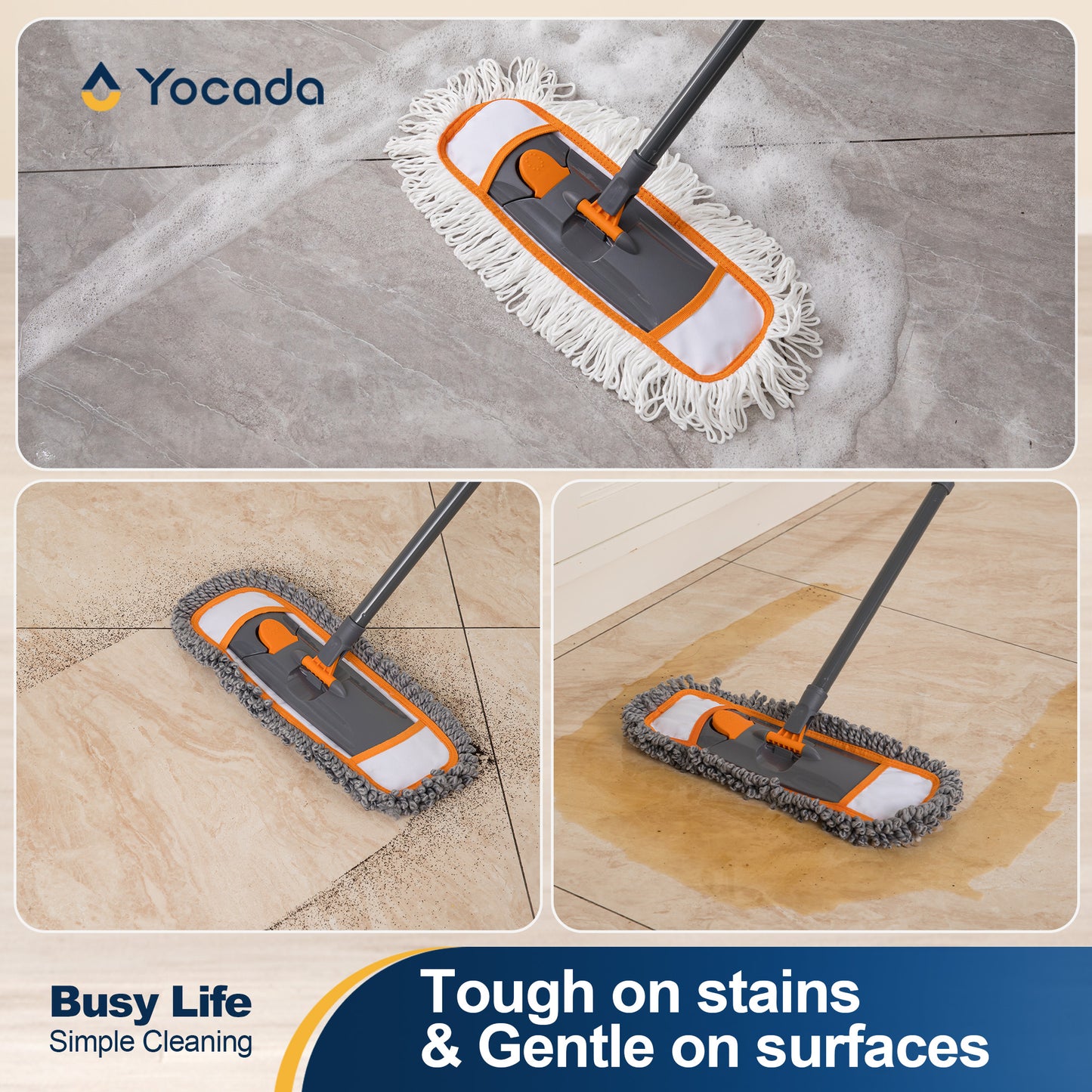 Yocada Mops for Floor Cleaning with 2 Different Washable Mop Pads and Extendable 55” Long Handle, Multifunction Dust Mop,Orange