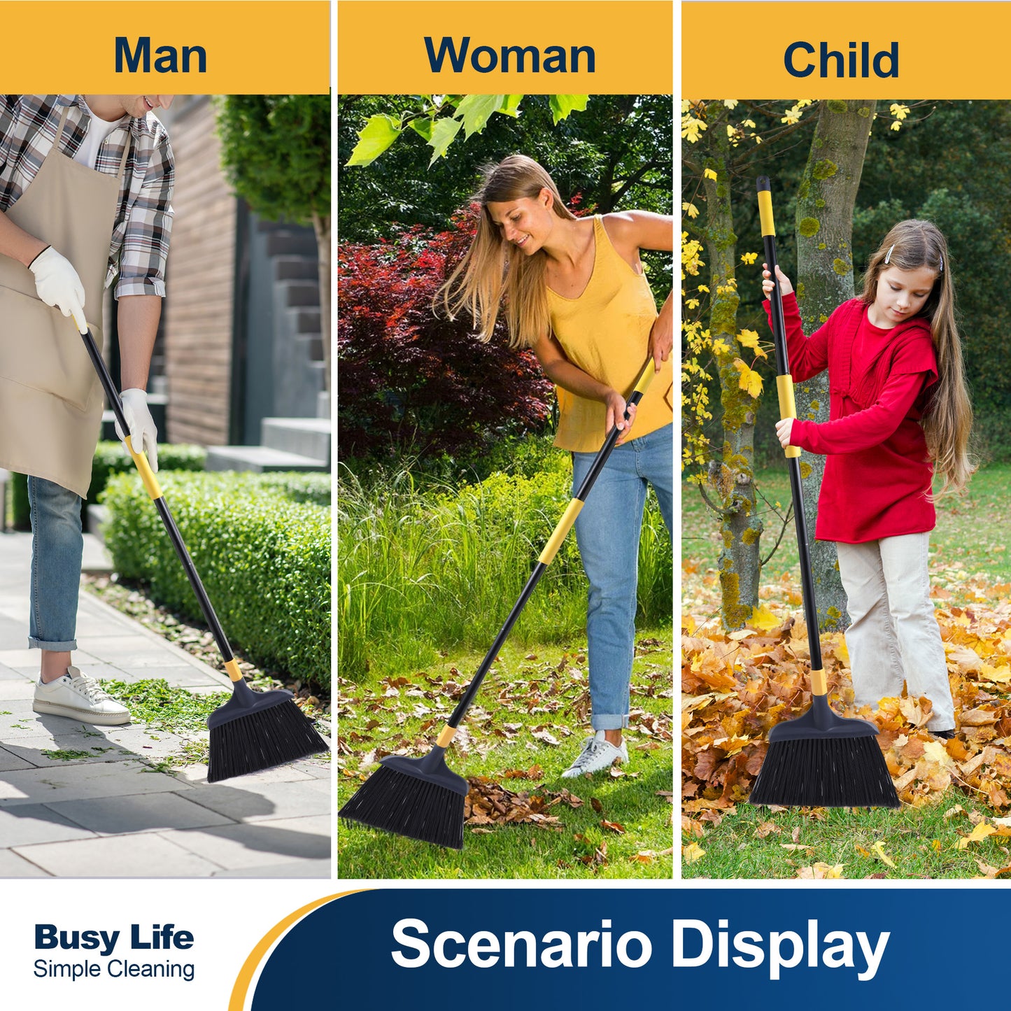 Yocada Brooms Dustpan 2+1 Set - Built-in Comb Long Handle,Wide 3-Layer Stiff Bristles Heavy-Duty for Indoor Outdoor Home Commercial Pet Hair Debris