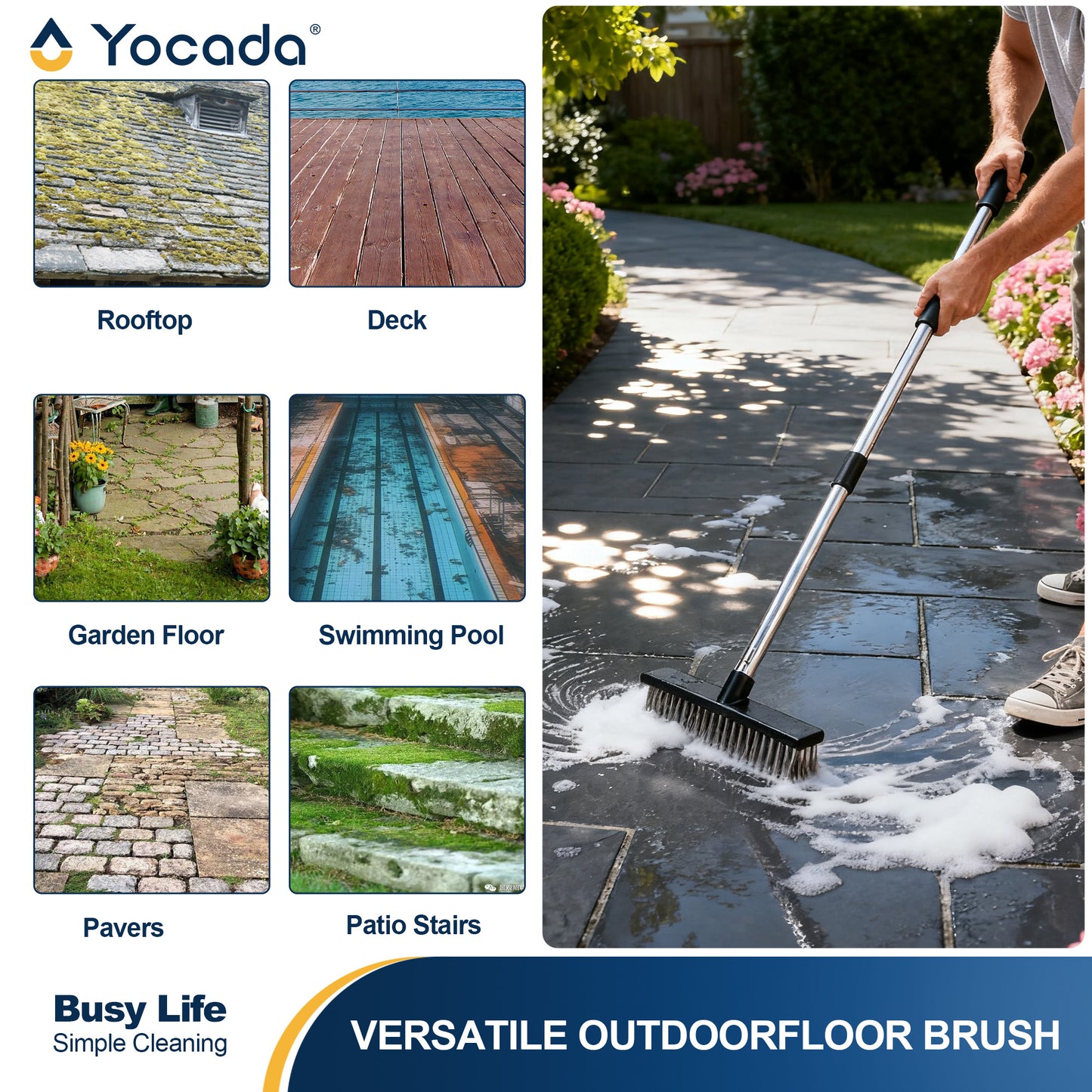 Yocada Heavy-Duty Wire Scrub Broom - Telescopic Handle Up to 65.2 Inches, Stiff Metal Bristles for Outdoor