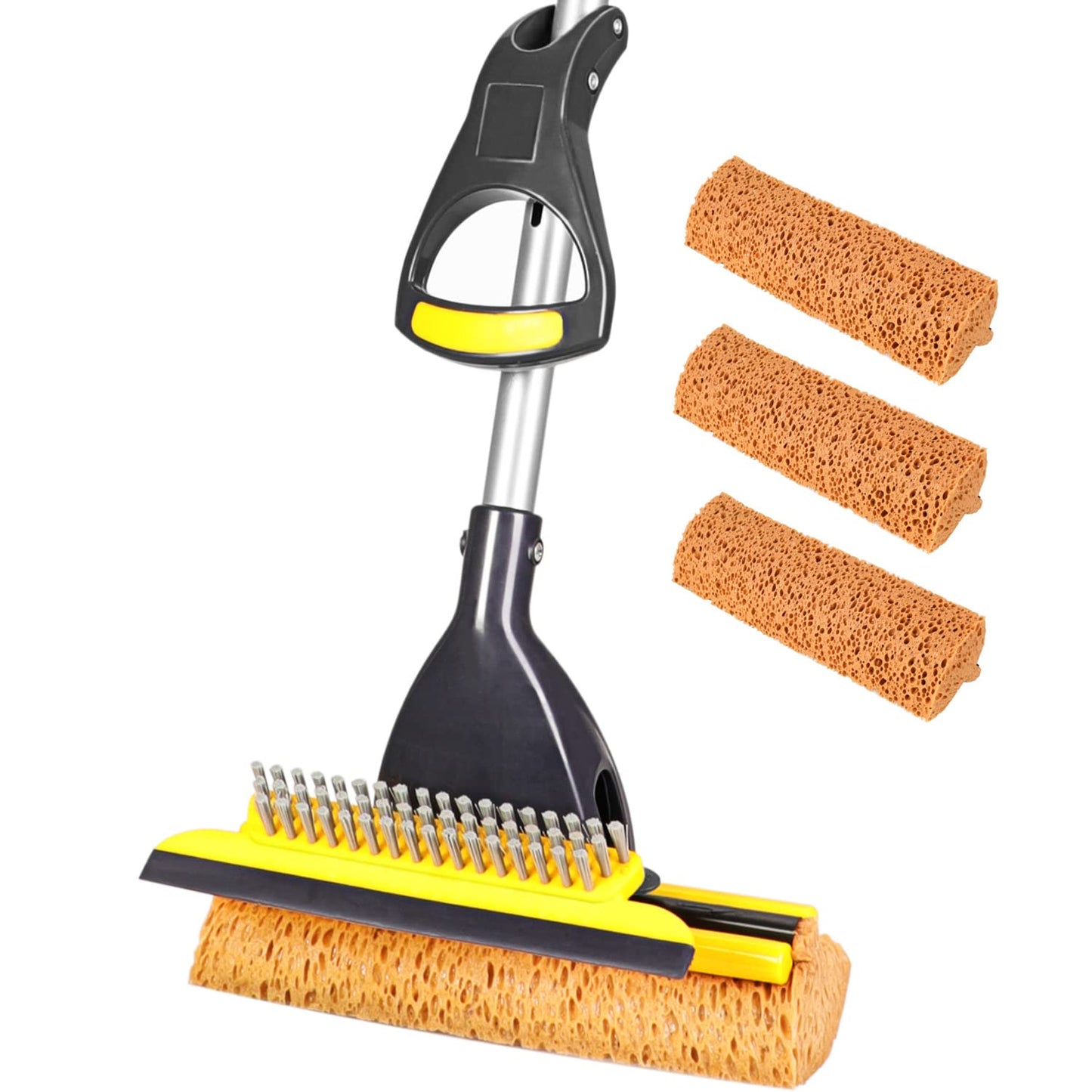 Yocada Sponge Mop Home Commercial Use Tile Floor Bathroom Garage Cleaning with Total 4 Sponge Heads Squeegee and Extendable Telescopic Long Handle 42.5-52 Inches Easily Dry Wringing