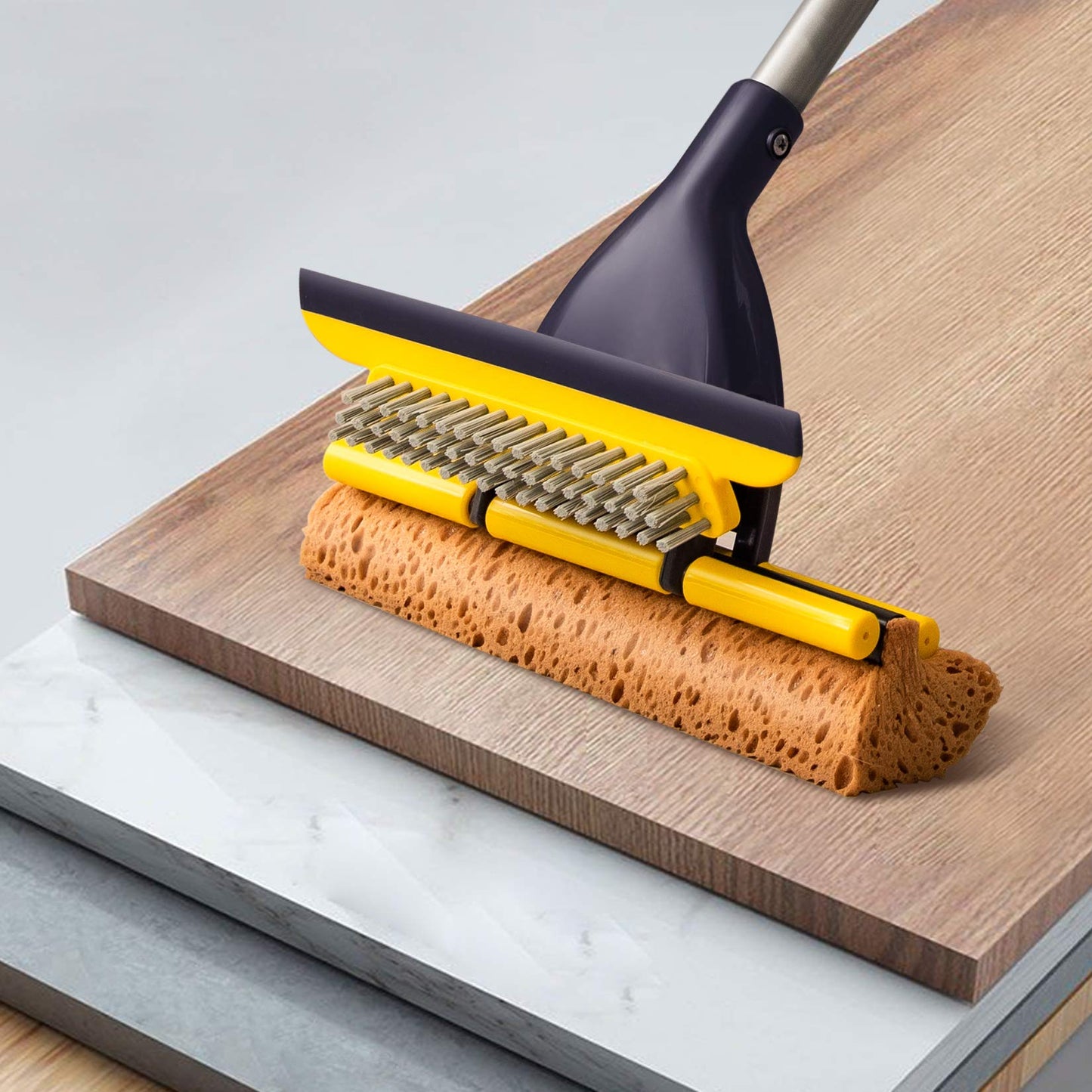 Yocada Sponge Mop Home Commercial Use Tile Floor Bathroom Garage Cleaning with Squeegee and Extendable Telescopic Long Handle 41-53 Inches Easily Dry Wringing