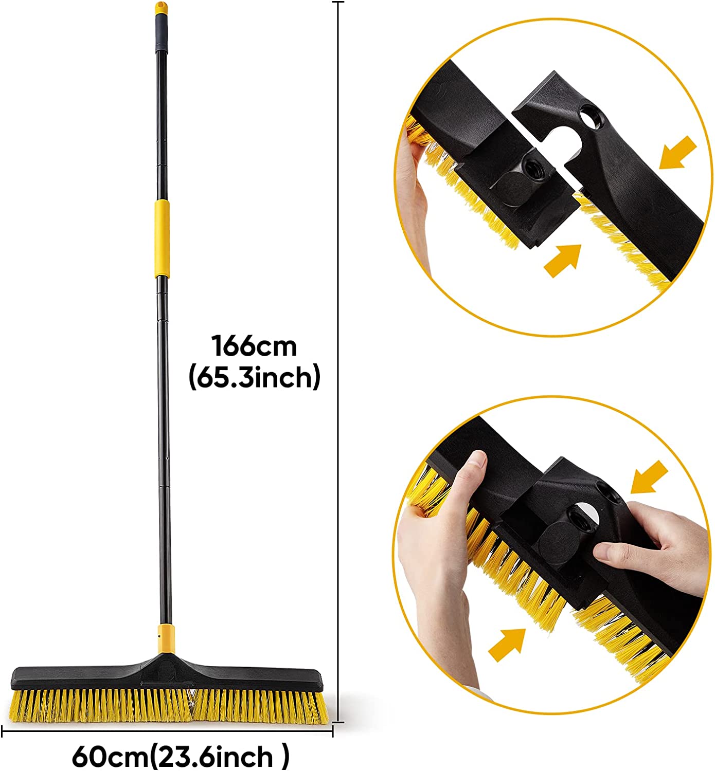 Yocada Push Broom Brush 24" Wide 65.3" Long Handle Stiff Bristles Heavy-Duty Outdoor Commercial for Cleaning Bathroom Kitchen Patio Garage Deck Concrete Wood Stone Tile Floor