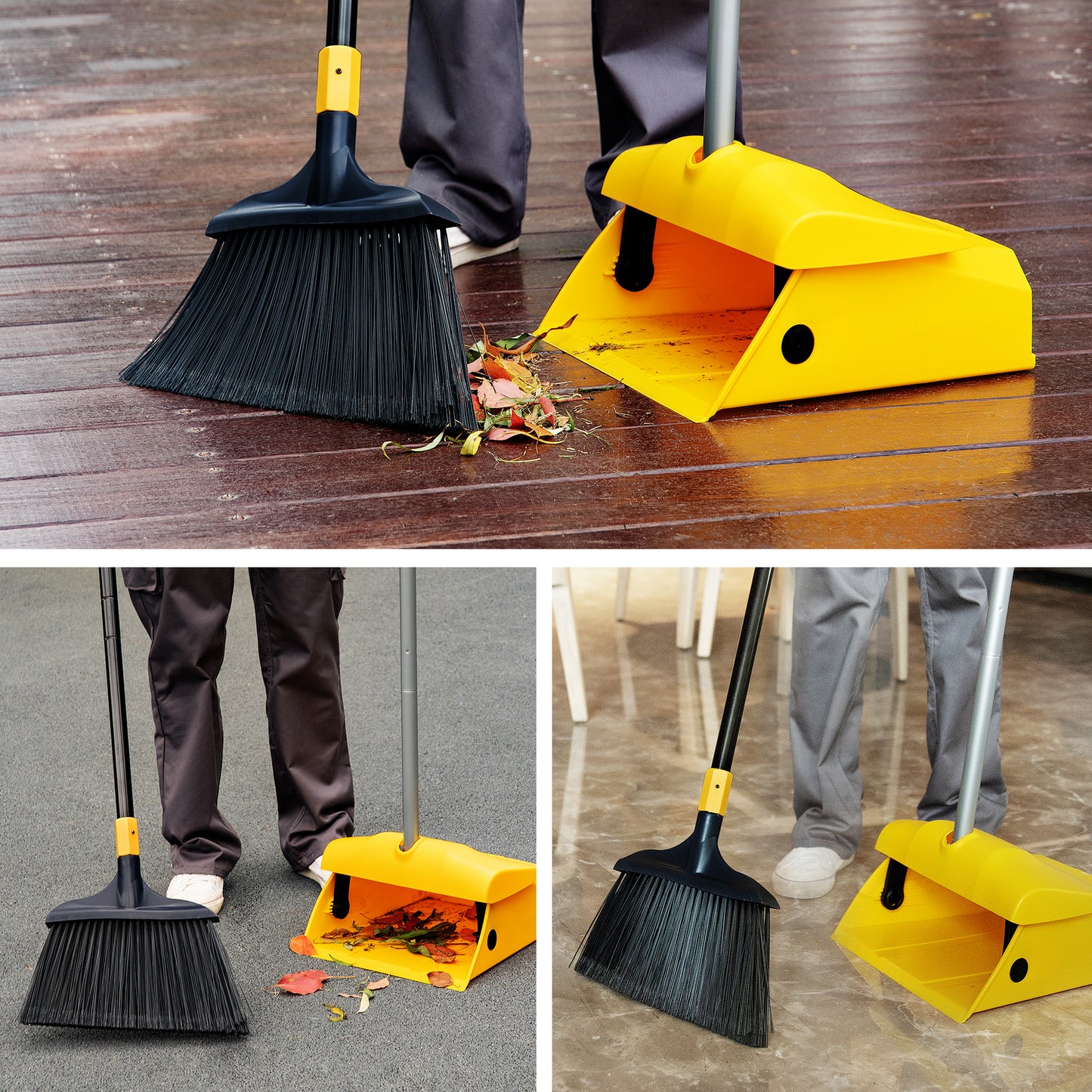 Yocada Heavy Duty Broom and Dustpan Set Commercial Outdoor Indoor 2+1 Perfect for Courtyard Garage Lobby Mall Market Floor Home Kitchen Room Office Pet Hair Rubbish