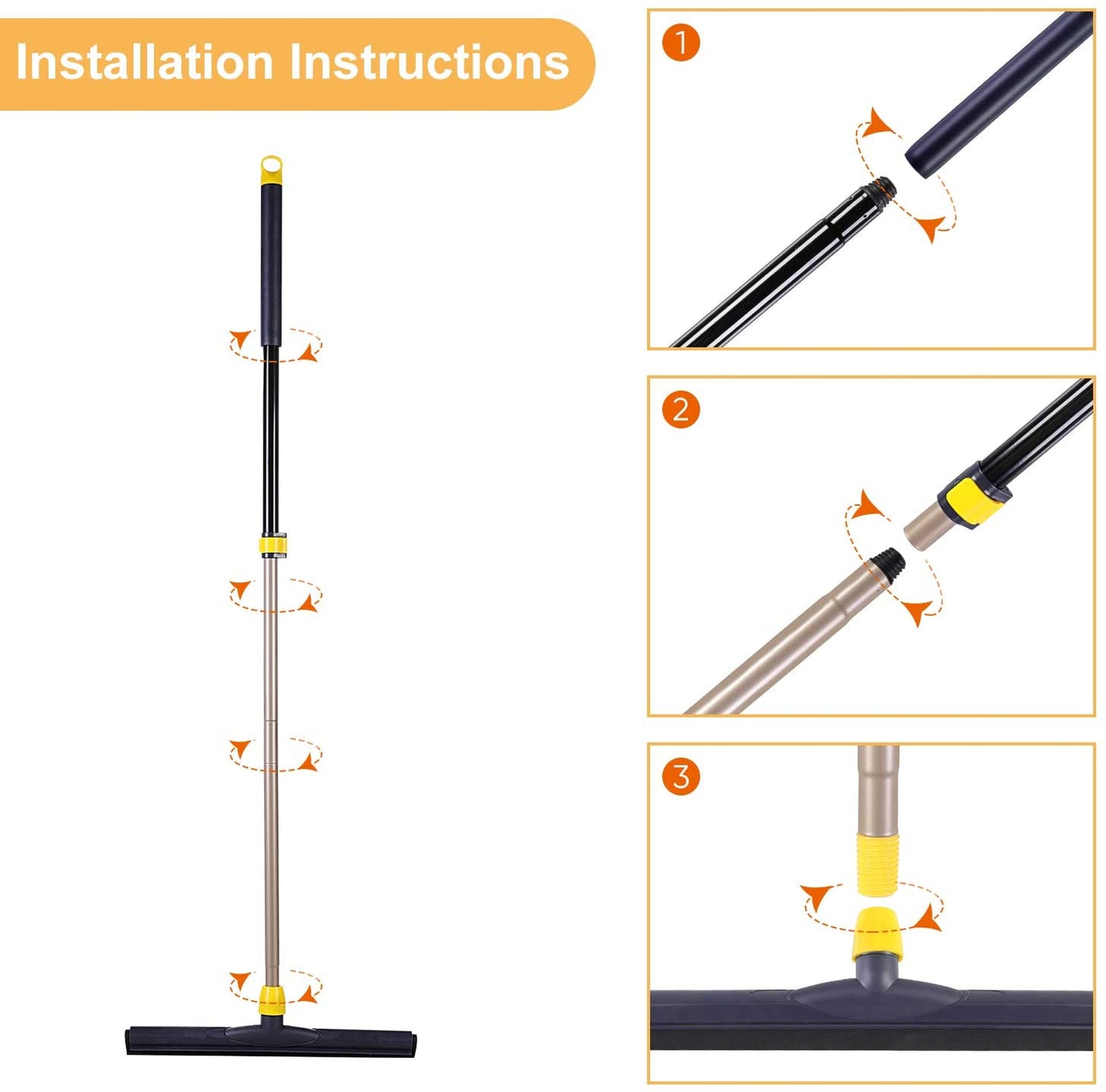 Yocada Floor Squeegee Scrubber 54in Long Adjustable Telescopic Pole Heavy Duty Household Broom