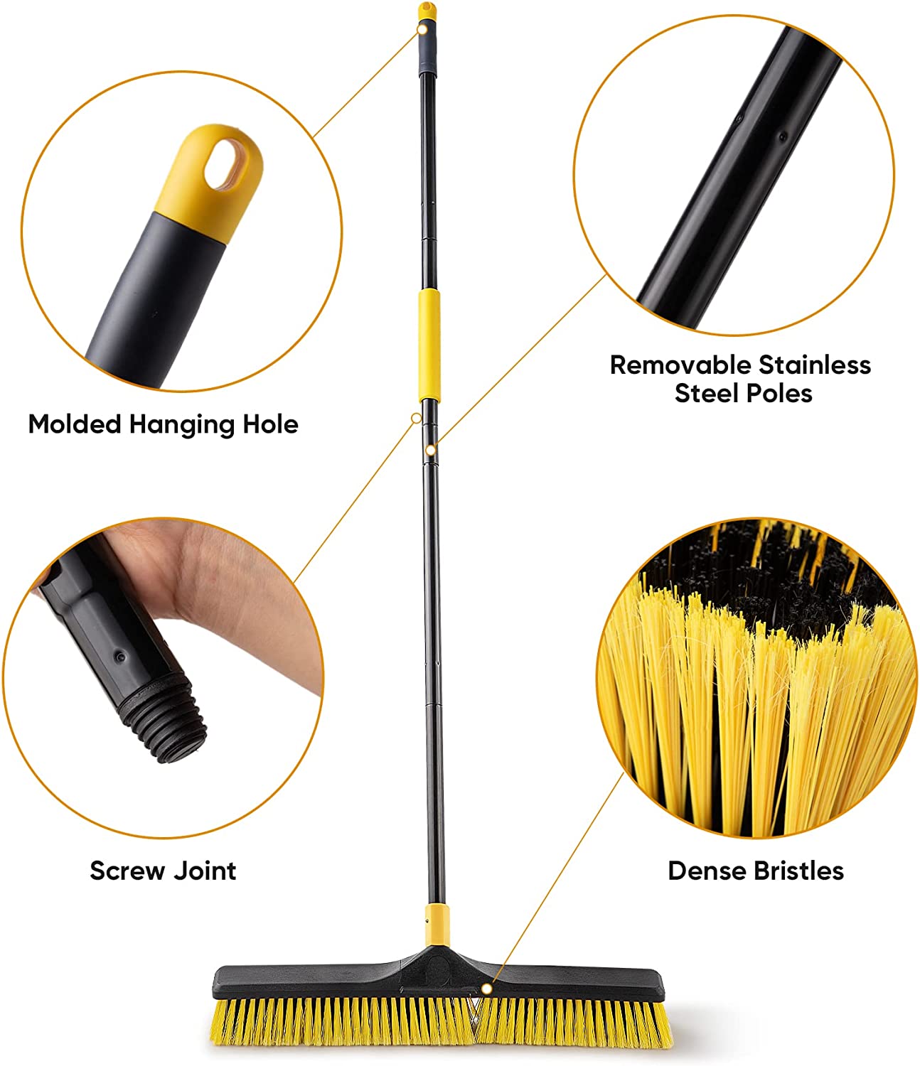 Yocada Push Broom Brush 24" Wide 65.3" Long Handle Stiff Bristles Heavy-Duty Outdoor Commercial for Cleaning Bathroom Kitchen Patio Garage Deck Concrete Wood Stone Tile Floor