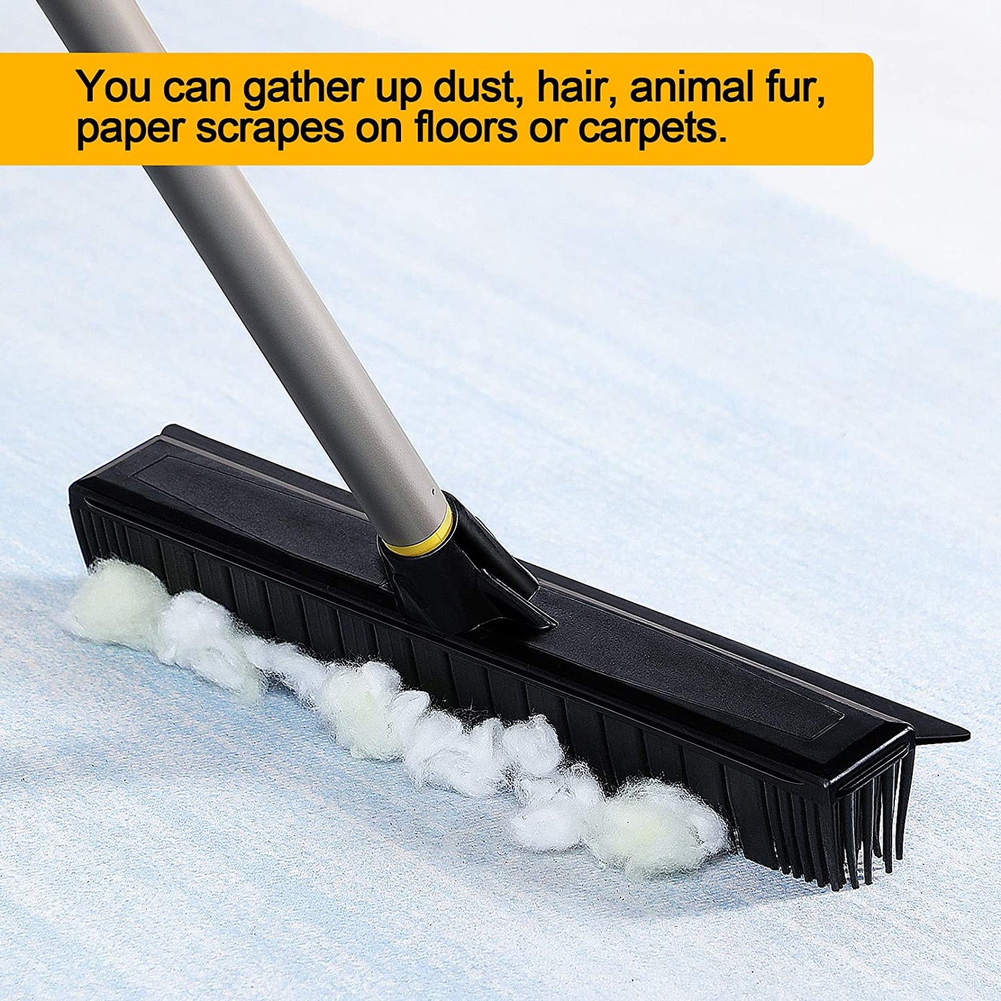 Yocada Rubber Broom Pet Hair Fur Removal Broom Soft Bristle Push Broom with Squeegee Telescoping Pole 42-53 Inch for Sweeping Hardwood Floor Tile Bathroom Living Room Kitchen