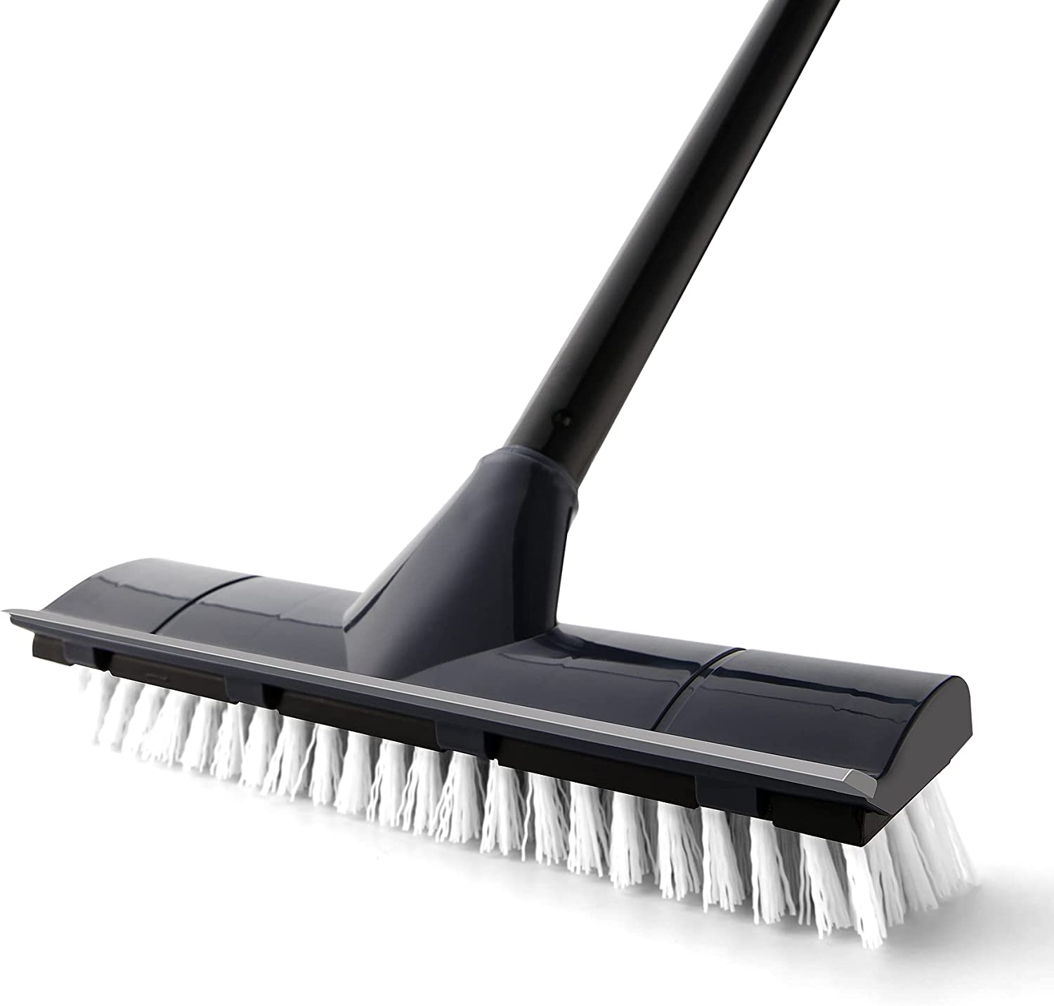 NSI 2-in-1 Floor Scrub Brush With Scraper & Push Broom – Stiff Bristle, Long Handle, Stainless Steel, Blue