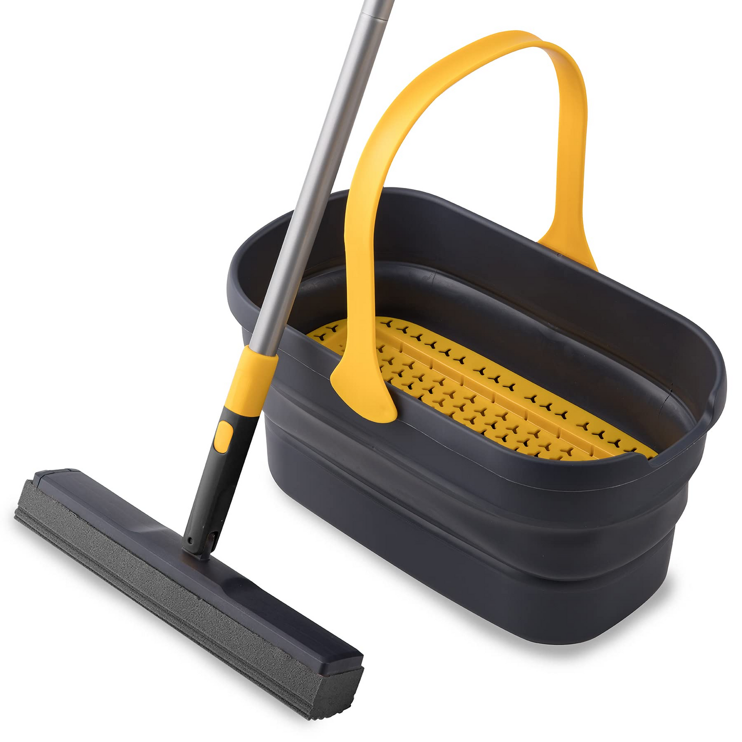 Yocada Mop and Bucket with Wringer Set Sponge Mop and Collapsible Bucket Kit for Home Commercial Tile Floor Bathroom Garage Cleaning with Total 2 Sponge Heads Easily Dry Wringing