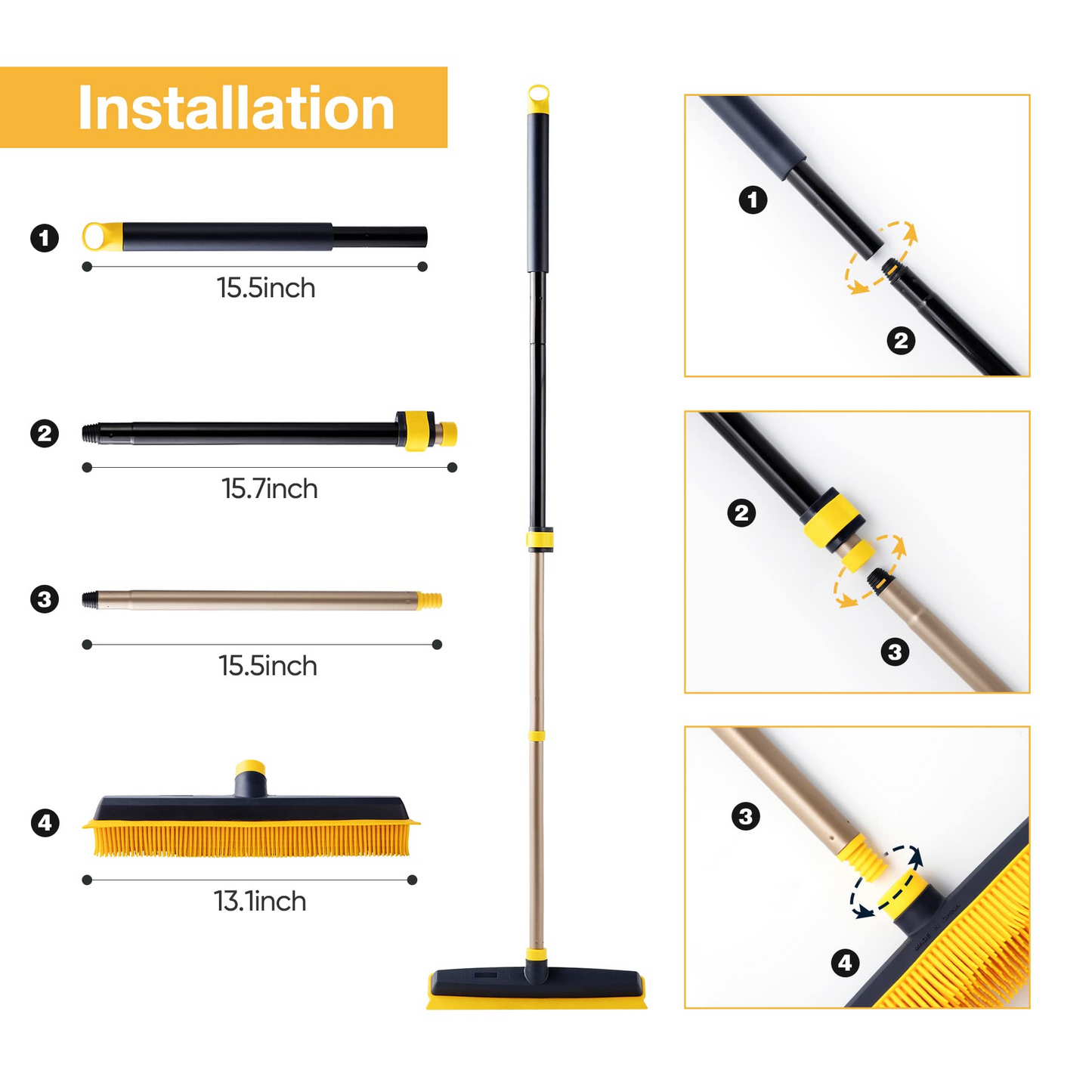Yocada Pet Hair Removal Rubber Broom with Squeegee 2 in 1 Floor Brush Telescoping for Sweeping Hardwood Floor Tile Low Carpets Rugs Undercoat Carpets Bathroom Living Room Kitchen 53"